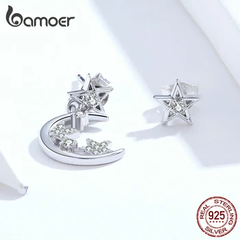 Bamoer GXE813 Cercei de Argint Strălucitoare Stele-Luna de Argint 925 Genial Zirconia Înstelat de Noapte Cercei Stud pentru Femei Bijuterii