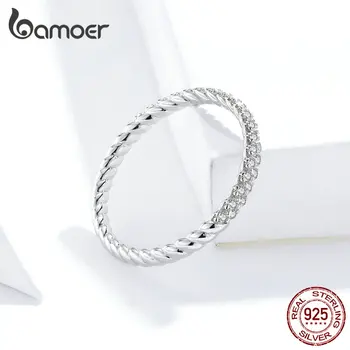 Bamoer GXR624 Real 925 Inel Argint Zirconiu Inel Dragoste Pentru Femei Sclipici Fin Bijuterii Simplu si Elegant OL Stil Casual
