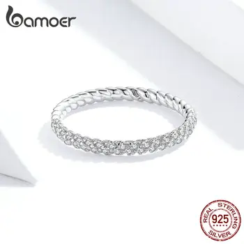 Bamoer GXR624 Real 925 Inel Argint Zirconiu Inel Dragoste Pentru Femei Sclipici Fin Bijuterii Simplu si Elegant OL Stil Casual