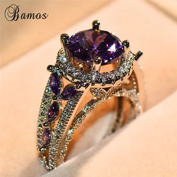 Bamos Elegant Violet Stras Inel Superb AAA Zircon Rotund Inele Pentru Femei de Culoare de Argint Bijuterii de Nunta