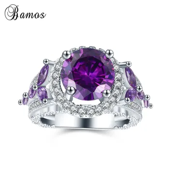 Bamos Elegant Violet Stras Inel Superb AAA Zircon Rotund Inele Pentru Femei de Culoare de Argint Bijuterii de Nunta