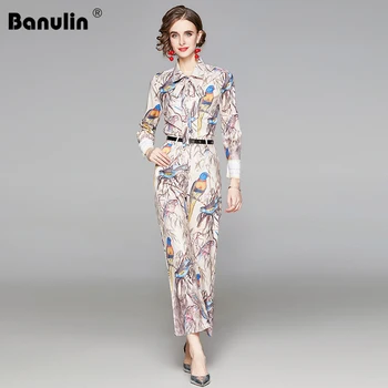 Banulin Femei 2 bucata Costum Set de Toamna cu Maneci Lungi imprimeu Floral Arc Guler de Camasa Bluze +Lat Picioarele Curea Pantaloni Lungi Costum