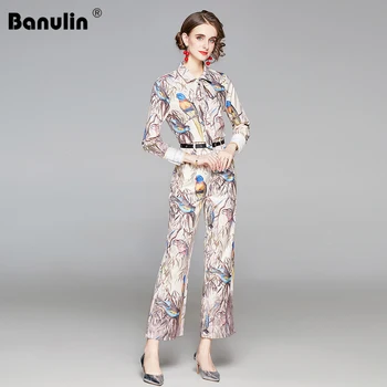 Banulin Femei 2 bucata Costum Set de Toamna cu Maneci Lungi imprimeu Floral Arc Guler de Camasa Bluze +Lat Picioarele Curea Pantaloni Lungi Costum