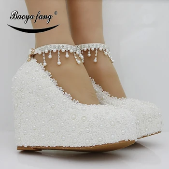 BaoYaFang Noi Flori Albe Femei pantofi de nunta Curea Glezna Ciucure pantofi de moda femeie tocuri platforma pantofi Pene