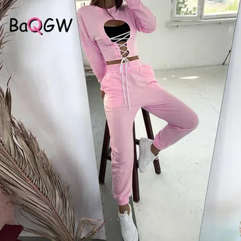 BaQGW Strada Activitatea Două Bucata Costum pentru Femei Sexy Gol Afară Bandaj Tricoul & Harem Pantaloni Casual Fitness 2 Bucata Set