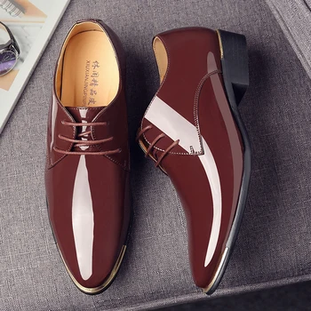 Barbati Brand de lux Clasic Subliniat Toe Dress Mens Dantela-up Piele de Brevet de Mireasa Negru Oxford Formale Pantofi Marime Mare 38-48