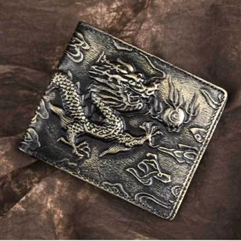 Barbati Din Piele Saci De Bani Geanta Stil Chinezesc Dragon Model Mulit-Carduri Titularul Bani Clip Ulei Ceara Piele De Vacă Scurt Portofel