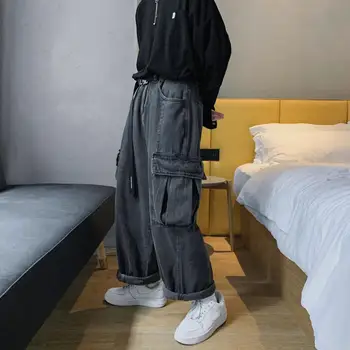 Barbati Negru Blugi Largi Buzunare Mari 2020 Kpop Hip Hop Harem Pantaloni Cu Talia Inalta Vintage Supradimensionate, Pantaloni Din Denim