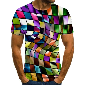 Barbati nou 3D pătrat cusaturi colorate rotund gât de trei-dimensional de vară cu mânecă scurtă T-shirt