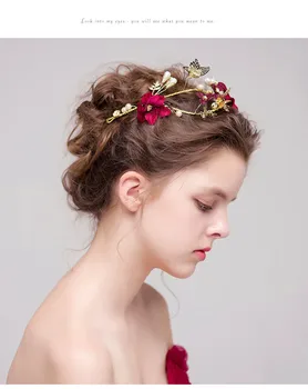 Baroc Roșii de Flori de Cristal Pearl Benzi Coroana de Mireasă Diademe Diademe de Aur pentru Femei Mireasa Banda de Păr Accesorii de Par de Nunta