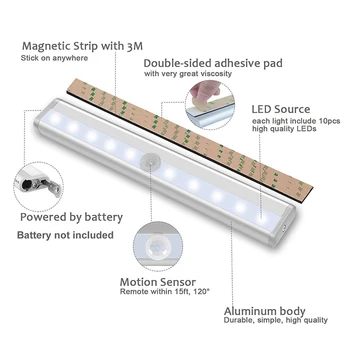 Baterii 6/10 Led-uri 98/190mm Condus În Cabinetul de Lumină Senzor de Mișcare PIR, Dulap Dulap Dulap de perete Bucatarie lumina de noapte