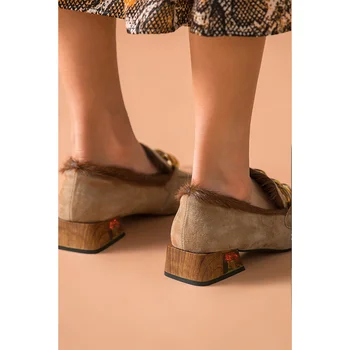 BeauToday Blana Mocasini Femei Copilul De Piele De Căprioară Piele De Decorare Lanț Square Toe Slip-On De Iarna Cald Doamnelor Pantofi Handmade 15803