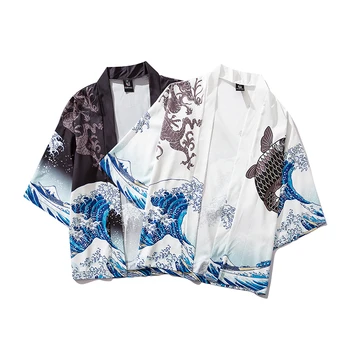 Bebovizi Japoneză Val Koi Print Kimono Cardigan Jachete Barbati De Moda Uza Japonia Stil Casual Streetwear Straturi Subțiri 2019