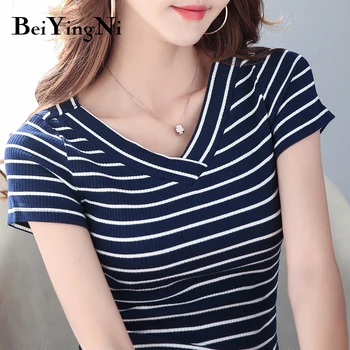 Beiyingni Tricotate T-shirt Femei V-neck de Vară 2020 Maneca Scurta Tricou Femei Vintage Plus Dimensiune Striped Tee Bluze Femei Haine