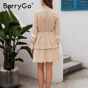 BerryGo Elegant de epocă femei, Moda rochie cu maneci lungi punct solid dantela rochie mini Casual slim doamnelor rochie de plaja de vacanță