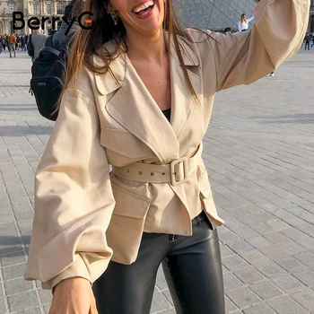 BerryGo Felinar cu maneci scurte, jachete paltoane femei Dintata v gât toamna jacheta subtire de sex feminin cu talie Înaltă centura buzunarul pardesiului 2020