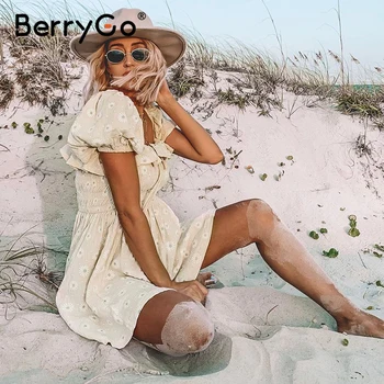 BerryGo imprimeu Floral din bumbac pentru femei rochie de vara de Epocă puff maneca zburli mini rochie scurta Fumatului talie mare rochie de plaja 2020