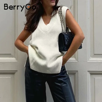 BerryGo la Modă Alb V-Neck Pulover de Iarna confortabile fără mâneci vrac femeii Pulover High street casual pulover moale 2020 NOU