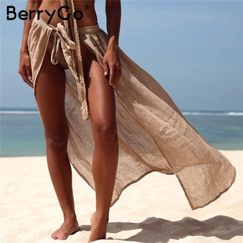 BerryGo Sexy long beach femei cover-up-uri de Dantelă-up costume de baie vedea prin sex feminin fuste de Moda de vacanta alb, de bumbac, fuste în formă de