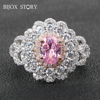 BIJOX POVESTE elegant argint 925 inel cu forma ovala, de culoare roz zircon inel de piatră prețioasă pentru o femeie de nunta aniversare cadou