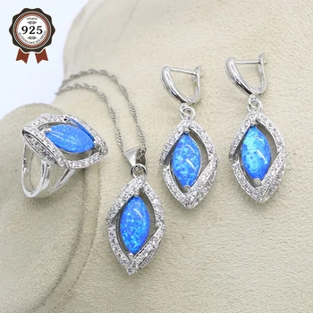 Bijuterii argint seturi Pentru Femei de Lux 925 Sterling Silver Blue Opal Inel Cercei Set de Pandantiv Moda Bijuterii