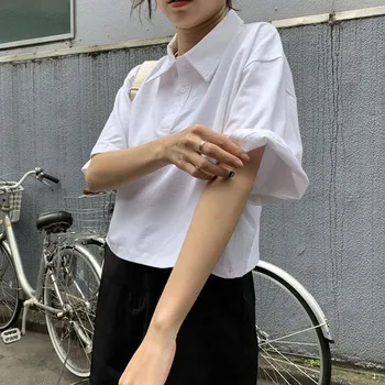 Biroul T-shirt Femei Stil Japonez Bumbac Tricou de Moda cu Maneci Scurte Butonul T-shirt Show Subțire Simplu 2020 Moda Tricou