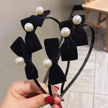 Black Velvet Bow Hairband Perle pentru Femei Mici Par Hoop Adulți Accesorii de Par Bowknot Păr Cerc Complet de Rochie se Potrivesc Bentita