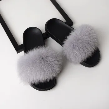 Blană Papuci De Femei Blană De Vulpe Diapozitive Acasă Cu Blană Sandale Plate De Sex Feminin Drăguț Pufos Casa Pantofi Pentru Femei Brand De Lux 2021