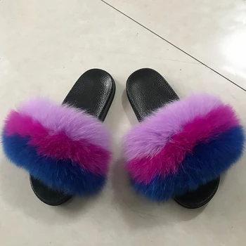 Blană Papuci De Femei Blană De Vulpe Flip Flops 2020 Noua Moda Pufos Slide-Uri De Sandale Plate