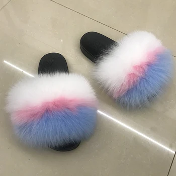 Blană Papuci De Femei Blană De Vulpe Flip Flops 2020 Noua Moda Pufos Slide-Uri De Sandale Plate