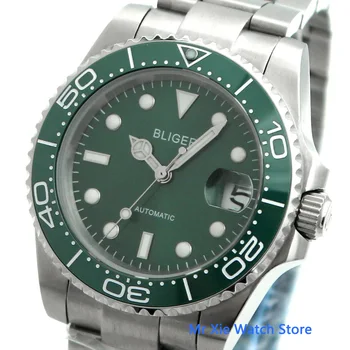 Bliger 40mm Mens Watch Dial Verde Bezel Ceramica de Sticlă de Safir Luminoase rezistent la apa NH35 Mișcare Automată Ceas de mână de sex Masculin