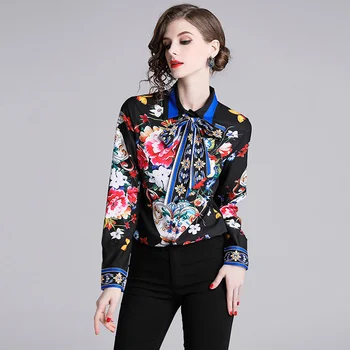 BLLOCUE Femei Pista Tricouri 2019 Moda Elegant Papion Guler Floare de Imprimare Bluza cu Maneci Lungi Tricou OL Munca Purta Cămașă de Afaceri