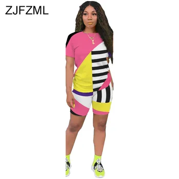 Bloc de culoare cu Dungi de Imprimare 2 Bucata Set de Costume pentru Femei Maneca Scurta Slim Fit Sus+Biker Scurte 2 Bucata Tinuta de Club Costum de Potrivire