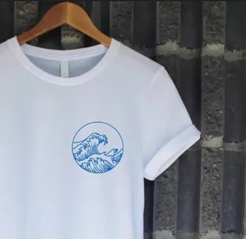 Blue Ocean Val Imprimat Estetic Buzunar Femei T shirt Tumblr Moda Drăguț Topuri de Vara cu Maneci Scurte Supradimensionat tricou Alb Femei