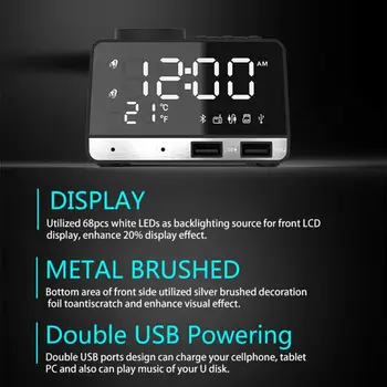 Bluetooth 4.2 Radio, Ceas Deșteptător Difuzor cu Dublă Snooze Ceas USB Port de Încărcare Termometru Estompat LED de Afișare pentru Dormitor