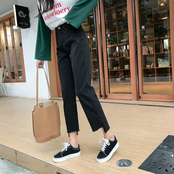 Blugi Femei cu Talie Înaltă Glezna-lungime Iubiți Liber la Modă Negru Neregulate Ulzzang Streetwear Elevii Simplu All-meci Doamnelor