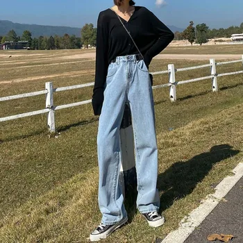 Blugi Femei Haine De Mare Waisted De Vară 2020 Streetwear Largi Largi Picior De Moda De Epocă Întinde Albastru Harajuku Pantaloni Drepte