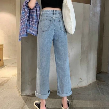 Blugi Femei Talie Reglabila Ins Solid Simplu Casual Femei Largi Picior Pantaloni din Denim Streetwear Toate-meci de Primavara Toamna de Moda