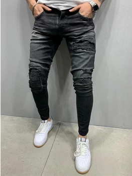 Blugi lungi Europene curte de Moda pentru Bărbați Slim Găuri Cutat Buzunar Blugi Pantaloni Pantaloni Lungi Solid-Culoare de Jogging Creion Blugi Om