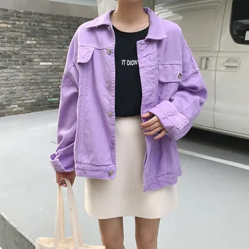 Blugi Sacou Femei vrac violet Jacheta Denim Femme 2019 stil preppy Sacou Bombardier de Bază Paltoane pentru femei (F6600)