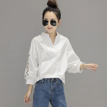 Bluza din bumbac 2019 Moda cu Maneci Lungi Femei Bluze si Topuri V Gât floare broderie Tricou Casual Topuri Blusas Combinezon Femme