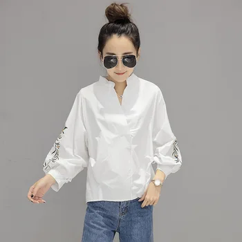 Bluza din bumbac 2019 Moda cu Maneci Lungi Femei Bluze si Topuri V Gât floare broderie Tricou Casual Topuri Blusas Combinezon Femme