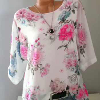Bluza imprimeu Floral Femei pe Jumătate Maneca Sifon Tricouri Casual Trandafir Alb Tricou Vrac Moda Retro Vara Bluze Plus Dimensiune S-5XL