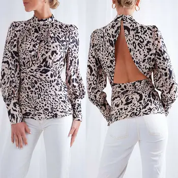 Bluze femei bluze 2019 Casual Leopard de Înaltă Guler Maneca Lunga cu Spatele gol Bluza Bluze Bluza Kimono mujer