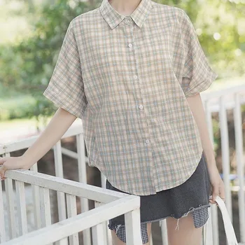 Bluze Femei Vara Carouri Guler de Turn-down Jumătate Maneca XL Stil Preppy Dulce Elevii Pierde Trendy Toate-meci 2020 Kawaii Noi
