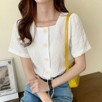 Bluze Tricouri Femei Summer Square-guler de Dantelă-up Solid Subțire Dulce Stil coreean Gilrs de Agrement Epocă Franța All-meci Elegant