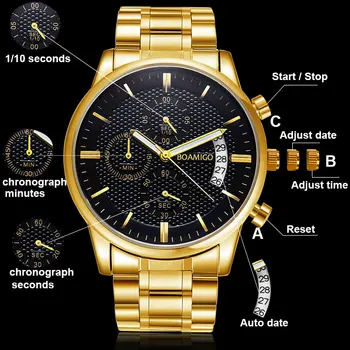 BOAMIGO Barbati Ceas Cronograf Sport Mens Ceasuri de Top de Brand de Lux rezistent la apa Complet din Oțel Cuarț Ceas de Aur pentru Bărbați Relogio Masculino