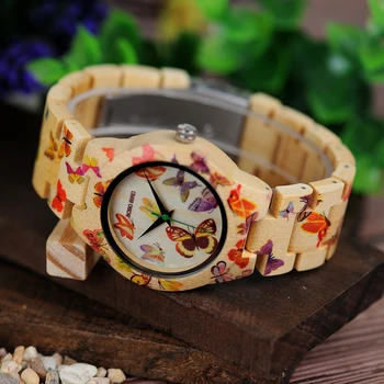 BOBO PASĂRE O20 Fluture de Imprimare Femei Ceasuri de Bambus de Cuarț Ceas de mână pentru Femei în Cutie de Cadou din Lemn
