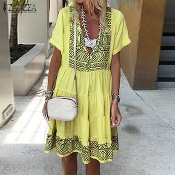 Boem Femei Imprimate Sundress ZANZEA 2021 Moda Mini Dress V Gâtului Zburli Vestido de sex Feminin Maneca Scurta Mozaic Halat de Vară