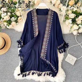 Boem, Vintage, Broderie Femeie Mult Kimono Tricou Etnice Cardigan Vrac Topuri Vacanță De Protecție Solară Bluze Femei Capac Exterior